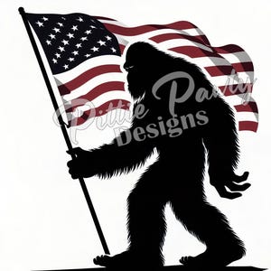 May include: A black silhouette of a Bigfoot walking while holding an American flag. The flag is waving in the wind.