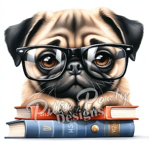Pug PNG Digital Download - Smarty Bookworm Pug - Watercolor Pug Dog - PNG Sublimation Design for Shirts and Decal Stickers