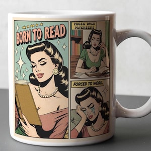 Né pour lire, forcé de travailler PNG - Sublimation de bandes dessinées rétro - Citation drôle d'amateur de livres en téléchargement numérique pour les lecteurs, Romantasy Bookworm Png