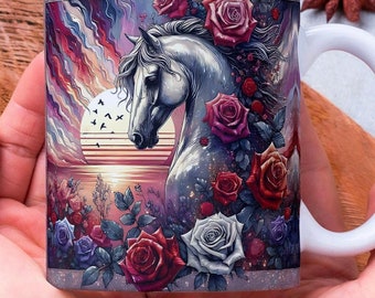 Horse Wrap PNG, Floral Coffee Cup Wrap, Sunset , Horse Flower Sublimation Design Instant Download, Horse Lover PNG, Flower Mug PNG