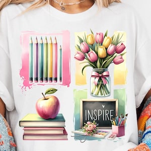 Insegnante Apprezzamento PNG, Disegno Acquerello Pastello, Libri e Tulipani, Citazione Ispiratrice, Download Digitale, Uso Commerciale Regalo Insegnante Stampabile