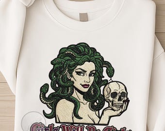 Medusa Girls Will Be Girls PNG, Mythological Greek God Feminism Shirt PNG, Dark Humor Sassy Png, Faux Embroidered Patch Skull PNG,
