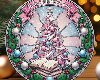 Pink Book Club Christmas Ornament PNG File Sublimation, Holly Jolly Bookmas Reader Decor, Stained Glass Round Christmas Tree Decoration