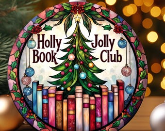 Holly Jolly Christmas Ornament PNG File Sublimation Design, Book Club Reader Decor, Stained Glass Round Design Christmas Tree Decorations
