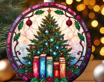 Bookmas Book Club Christmas Ornament PNG File Sublimation Design, Reader Decor, Bookish Stained Glass Round Design Christmas Tree Decoration