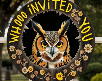 Owl Funny Round Welcome Sign Png Printable, Sarcastic Front Door Decor, Sassy Humor Floral Door Hanger PNG, Spring Porch Sign Download