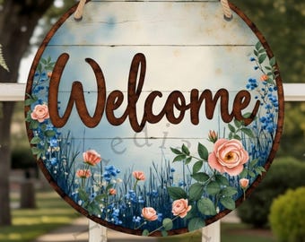Round Welcome Sign Printable, Farmhouse Front Door Decor, Rustic Floral Door Hanger, Spring Porch Sign Digital Download