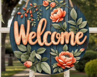 Blue Floral Welcome Sign Printable, Round Wood Door Hanger, Farmhouse Front Porch Decor, Spring Summer Door Sign Download