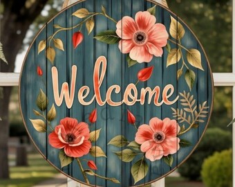 Floral Round Welcome Sign Printable, Cottage Farmhouse Door Hanger, Rustic Wood Front Door Decor, Spring Porch Sign Download