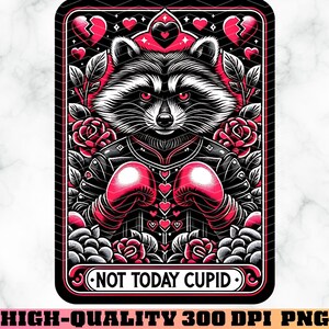 Tarjeta de tarot humorística de San Valentín PNG, tarjeta divertida de Cupido "No hoy", diseño de sublimación anti-San Valentín, mapache boxeando PNG