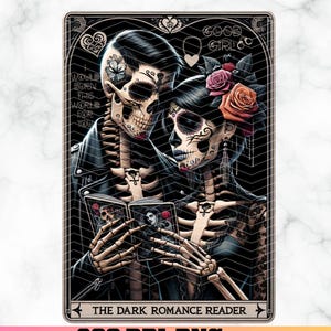 Carta de Tarô Dark Romance Reader PNG, Tarô Esqueleto, Humor de Carta de Tarô Bookish, Design de Sublimação de Amante de Livros Png, Livros de Romance PNG