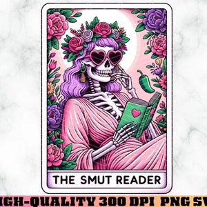 The Smut Reader Tarot Karte PNG - Skelett Frau Liest Würzige Bücher - Dunkler Humor Digitaler Download für Leser Tarot Liebhaber, Romanze Leser
