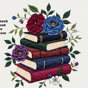 Gothic Book Lover Floral Patch PNG, Faux Embroidery Crochet Book Stack, Dark Academia Roses PNG, Vintage Book Aesthetic Sublimation