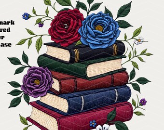 Gothic Book Lover Floral Patch PNG, Faux Embroidery Crochet Book Stack, Dark Academia Roses PNG, Vintage Book Aesthetic Sublimation