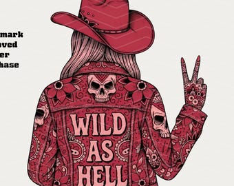 Wild As Hell PNG Design, Country Cowgirl Floral Skull Sassy Sarcastic Humor Art, Cowboy Hat Peace Sign, Western Design Digital Download