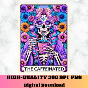 Carta de Tarô Cafeinada PNG, Carta de Tarô Engraçada com Humor de Café, Design de Sublimação de Mulher Esquelética Amante de Café, PNG com Cafeína
