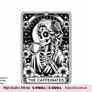 Pacote de cartas de tarô com cafeína em PNG, cinco cartas de tarô com humor de cafeína, design de sublimação de mulher esqueleto, camiseta caneca PNG