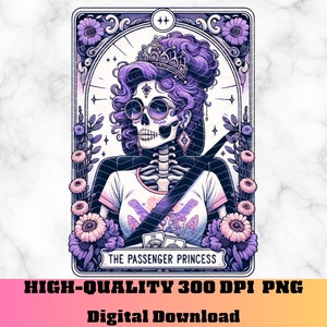 De passagier prinses tarotkaart png, grappige tarotkaart humor, skelet vrouw sublimatieontwerp, prinses Witchy tarotkaart png