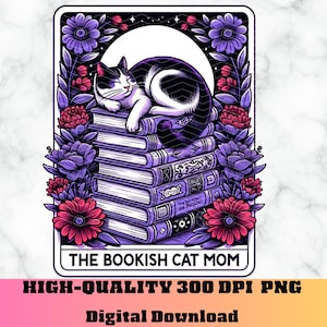 Carta de Tarô da Mãe Gata Estudiosa PNG, Humor da Carta de Tarô do Leitor, Design de Sublimação de Pilha de Livros, Carta de Tarô da Bruxa Gata PNG