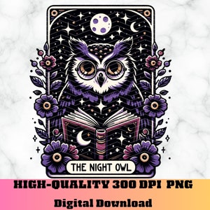 Die Nachteule Karte PNG, Eule, die Tarotkarte Humor liest, Buchliebhaber Sublimationsdesign, Eule Witchy Tarot Karte PNG