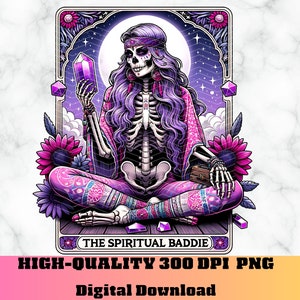 De spirituele slechterik tarotkaart png, grappige tarotkaart humor, skeletkristal sublimatieontwerp, yoga tarotkaart png