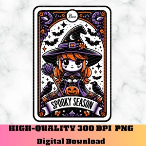 Cute Witch Spooky Season Tarot Card PNG, Kids Halloween Shirt PNG, Witchy Sticker PNG Sublimation Design, Witch Tarot Card Png, Fall Cozy