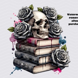 Stos książek czaszki, miłośnik książek Png, gotycki romans moralnie szary clipart PNG, pikantna książka png, Bookish Png, czytanie Png Tshirt Design