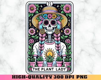 Carta del Tarot de la Dama de las Plantas (PNG), Humor de la Carta del Tarot de los Amantes de las Plantas, Diseño de Sublimación de la Mujer Esqueleto de la Mamá Planta, Carta del Tarot de la Bruja (PNG)