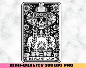 May include: Black and white illustration of a skeleton wearing a flower crown and a hat, holding plants in pots. The text "The Plant Lady" is below the image.