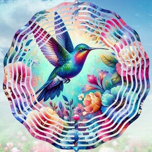 ハチドリの風車 - 花柄の鳥の風車、キラキラ輝く屋外装飾、虹色の庭の風車ギフト、昇華PNG