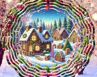 Gingerbread House Wind Spinner PNG, Christmas Village Winter Garden Decor, Holiday decor, Xmas Sublimation Template, Winter Wind Spinner PNG