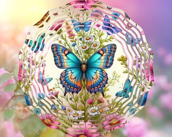 Butterfly Wind Spinner PNG File Sublimation Design, Instant Download, Flower Windspinner Sublimation Template PNG, Round Hanging Spinners
