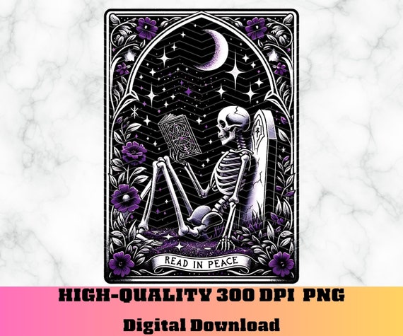 Read In Peace Tarot Card PNG, Skeleton Reading Tarot Card Humor, Celestial Tarot Sublimation Design, Book Club Tarot Card PNG, The Reader