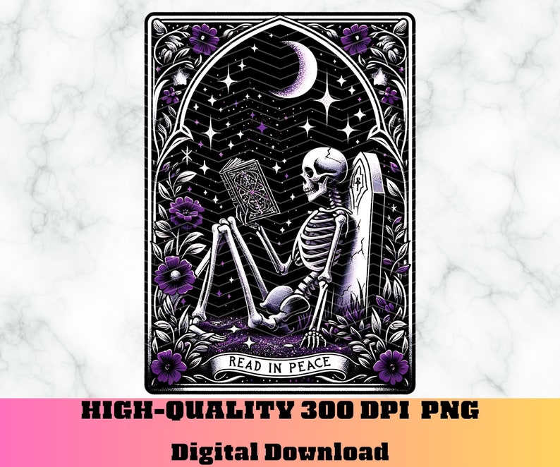 May include: A digital illustration of a skeleton sitting on a tombstone reading a book. The skeleton is wearing a crown of thorns and has a crescent moon above its head. The background is a dark night sky with stars and purple flowers.