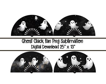 May include: Four black and white fans with a Halloween theme. Each fan features a night sky background with white ghosts. The text "Ghost Clack fan Png Sublimation Digital Download 25" x 13"" is displayed.