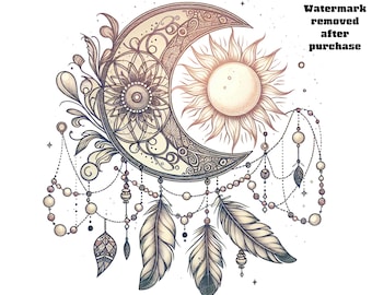 Boho Sun and Moon Tattoo Design, Dreamcatcher with Feathers and Beads, Feminine Boho Art, Digital Download PNG, 300dpi, Instant Download