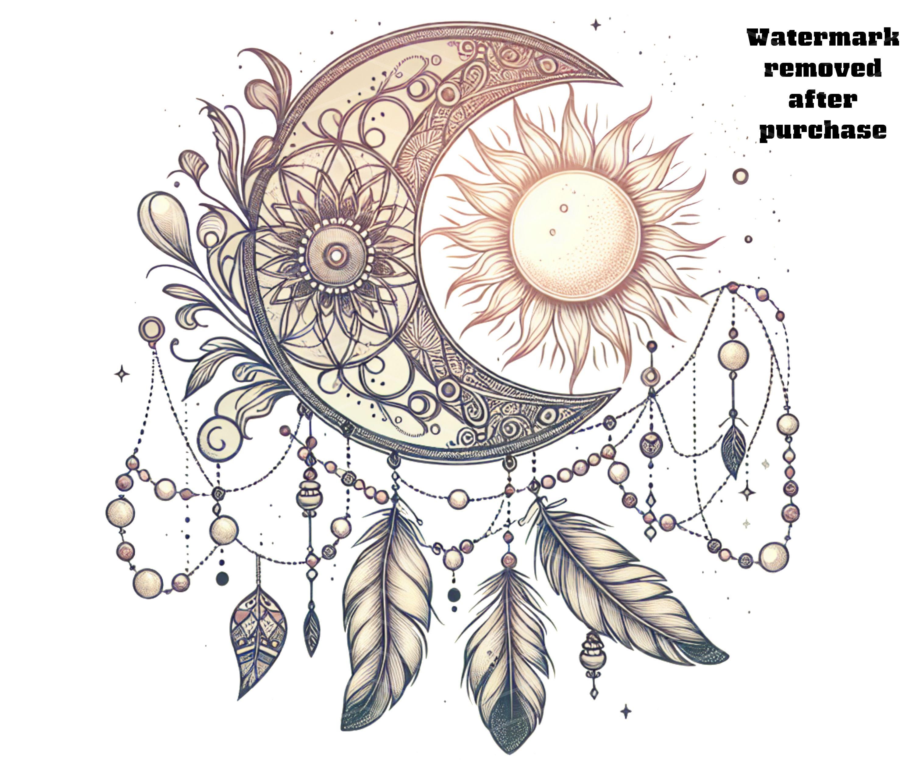Boho Sun and Moon Tattoo Design, Dreamcatcher With Feathers and Beads,  Feminine Boho Art, Digital Download PNG, 300dpi, Instant Download - Etsy, image size:3000x2500