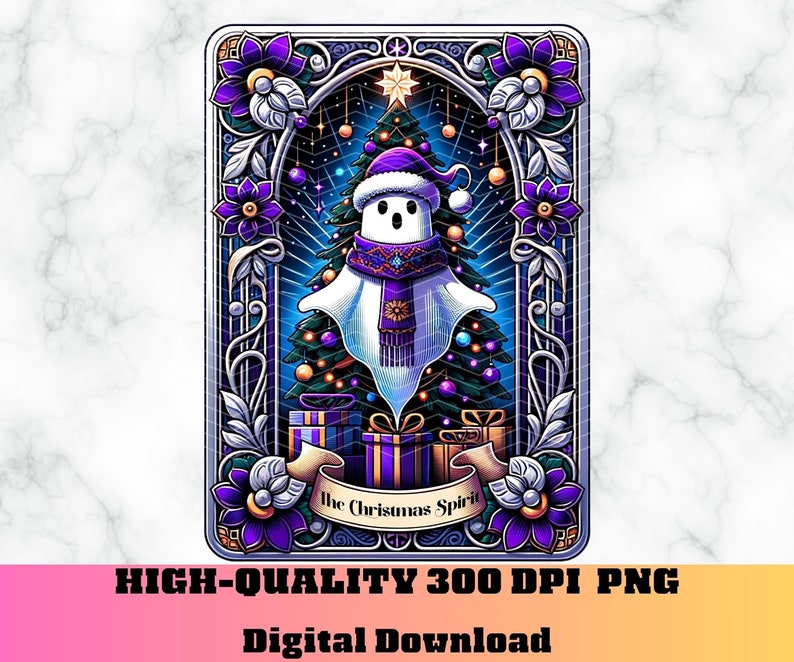 May include: A digital illustration of a ghost wearing a scarf and hat standing in front of a Christmas tree with presents underneath. The image is framed with a decorative border and the text "The Christmas Spirit" is written below the presents.