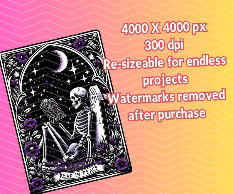 May include: A black and white illustration of a skeleton sitting and reading a book in a gothic archway with a crescent moon and stars in the background. The text "READ IN PEACE" is at the bottom of the image.