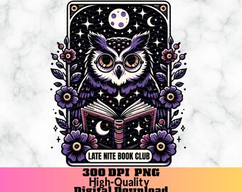 Late Nite Book Club Tarot Card Png, Night Owl Card PNG, Owl Reading Tarot Card Humor, Book Lover Sublimation Design, Owl Witchy Tarot Card
