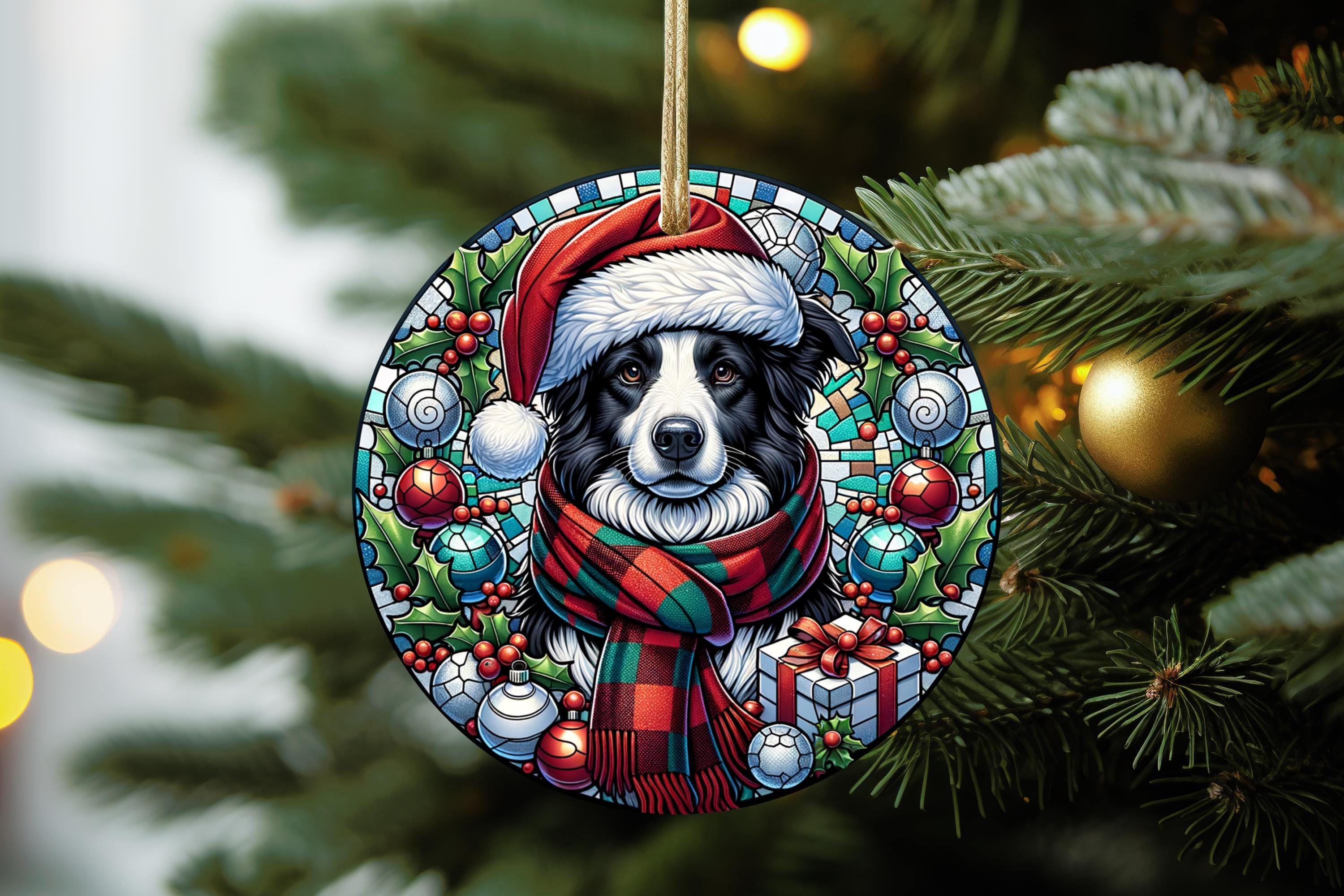 Border Collie Ornament PNG File Design, Christmas Holiday Decor, Round