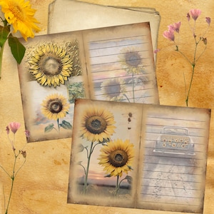 Rustic Sunflower Junk Journal Pages – Vintage Printable Paper, Scrapbook, Lined Ephemera Paper – 10 Digital Collage Sheet, Junk Journal Kit