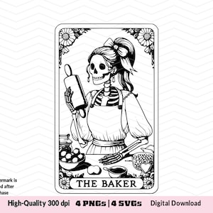 Pacote de cartas de tarô The Baker PNG, Quatro cartas de tarô fofas e engraçadas, Design de sublimação de mulher esqueleto, Camiseta caneca PNG