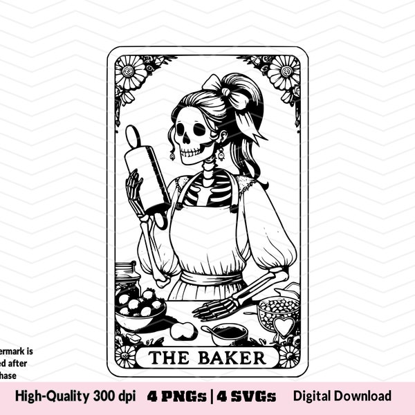 The Baker Tarot Card Vector PNG Bundle ,  Four Cute Tarot Card Humor, Skeleton Woman Sublimation Design, Tshirt Mug PNG