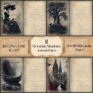 Victorian Shadows Gothic Junk Journal-pagina's | Donkere academische verschijnselen | Victoriaanse Haunted Romance afdrukbare | Set vintage gelinieerd schrijfpapier