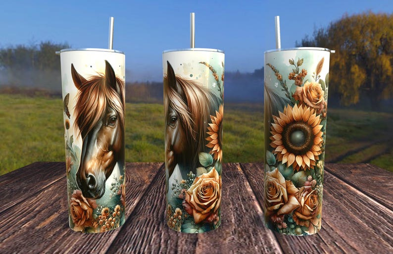 May include: Three stainless steel tumblers with different designs. The first tumbler features a brown horse with a white mane and a floral design. The second tumbler features a brown horse with a white mane and a sunflower design. The third tumbler features a sunflower and rose design.
