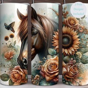 May include: A white tumbler with a brown horse head and floral design. The flowers are yellow, orange, and brown. The text "7 Free Designs Included" is on the tumbler.