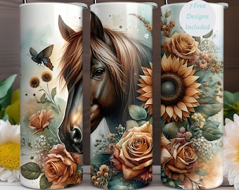 Horse Tumbler Wrap PNG, Wild Horse Design, Flower Tumbler Wrap, Floral 20oz Wrap, Skinny Tumbler Png, Sunflower PNG Sublimation, Horse Gifts