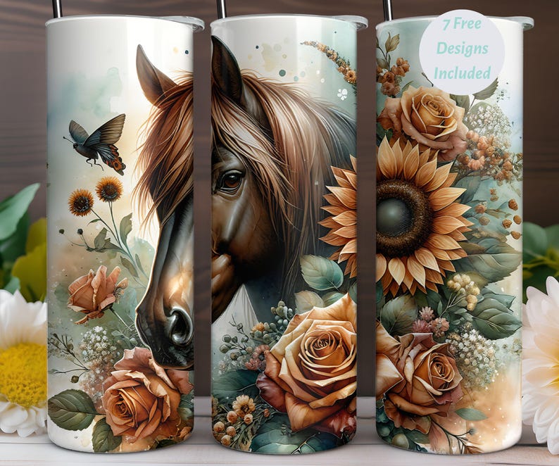 May include: A white tumbler with a brown horse head and floral design. The flowers are yellow, orange, and brown. The text "7 Free Designs Included" is on the tumbler.