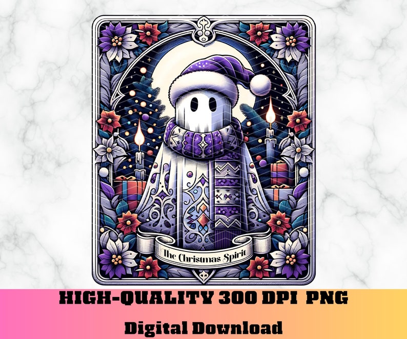 May include: A white ghost wearing a purple and white patterned scarf and a Santa hat. The ghost is surrounded by a wreath of holly and other winter greenery. The text "The Christmas Spirit" is written below the ghost.